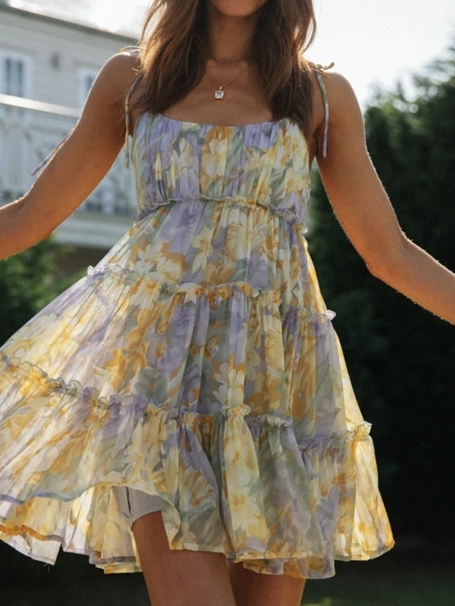 Resort-style Floral Print Multi-layered Ruffled Short Sundress