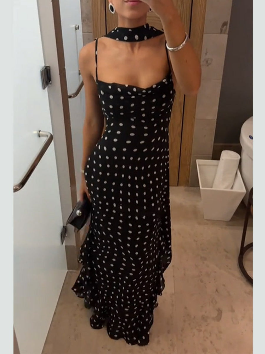 Sleeveless Polka Dot Scarf Collar Ruffled Spaghetti Strap Long Dress