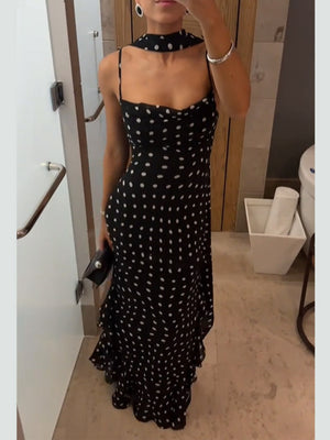 Sleeveless Polka Dot Scarf Collar Ruffled Spaghetti Strap Long Dress