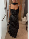 Sleeveless Polka Dot Scarf Collar Ruffled Spaghetti Strap Long Dress