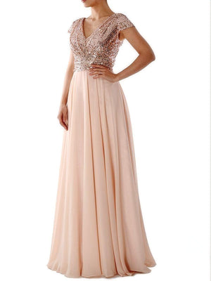 V-neck Sequins Chiffon Splicing Evening Gown Maxi Dresses