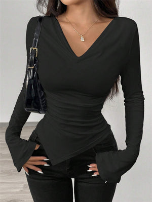 V-neck, Off-shoulder, Two-way Design, Slim Fit, Pleated, Irregular Long-sleeved T-shirt