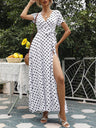 Polka Dots Slit V-neck Short Sleeve Maxi Dresses