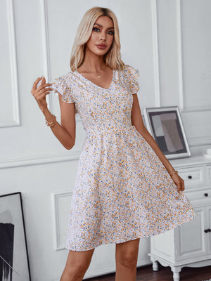 Printed Lace-up Backless V-neck Ruffled Sleeves Mini&Short Dresses