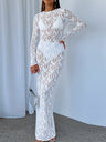 Lace See-through Sexy Mesh Round Neck Long Sleeve Maxi Dresses