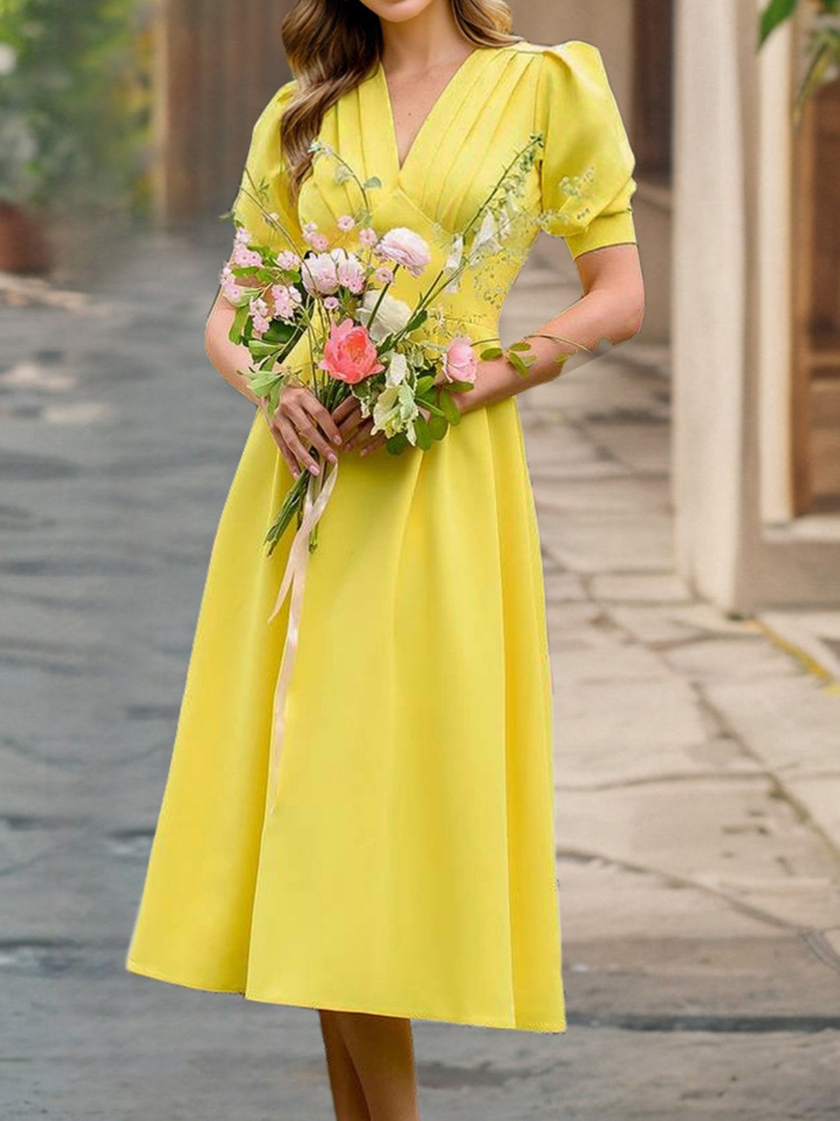 V-neck Lantern Sleeves Pleated Waist Maxi Dresses