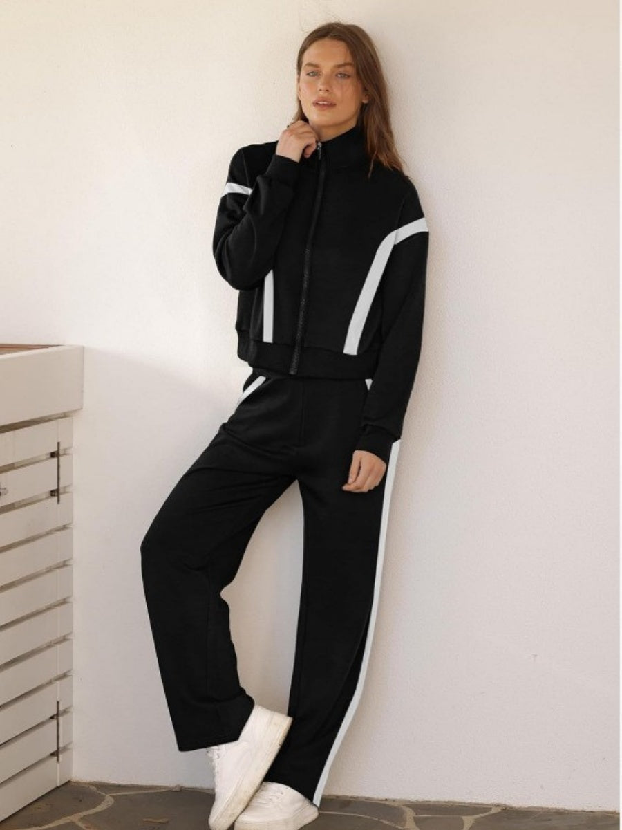 Long Sleeve Coat Stripes Splicing Sports Straight-leg Pants 2-piece Sets
