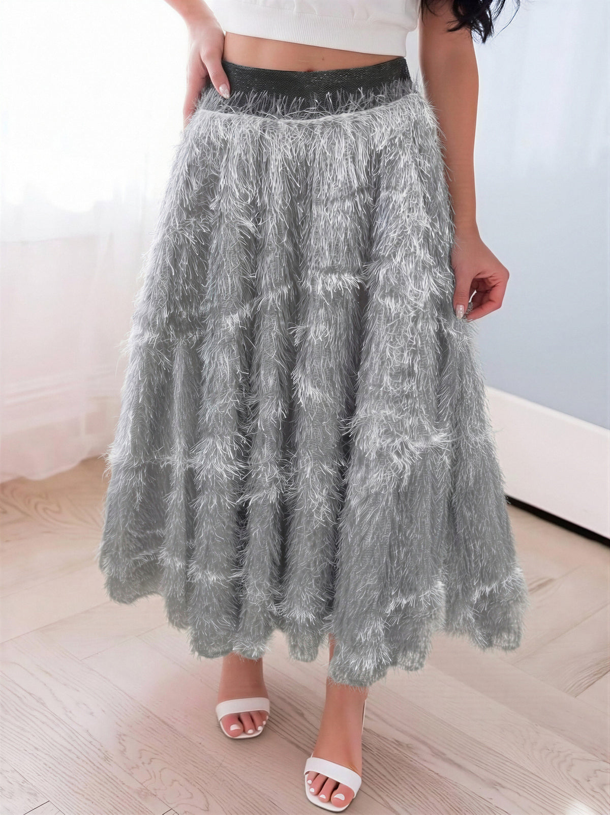 Silver A-line Skirt With Fringe