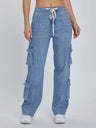 Washing Multiple Pockets Wide Leg Lace Up Jeans