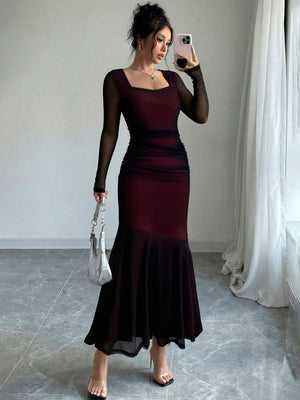 Burgundy Sheer Long-sleeved Square-neck Fitted Long Dress