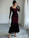 Burgundy Sheer Long-sleeved Square-neck Fitted Long Dress