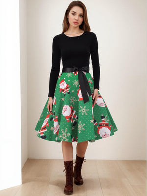 Christmas Crew Neck Splicing Long Sleeve Midi Dresses