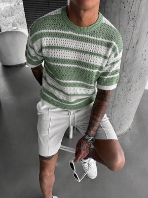 Hollow Out Color-blocked Retro Stripes Knitting T-shirts
