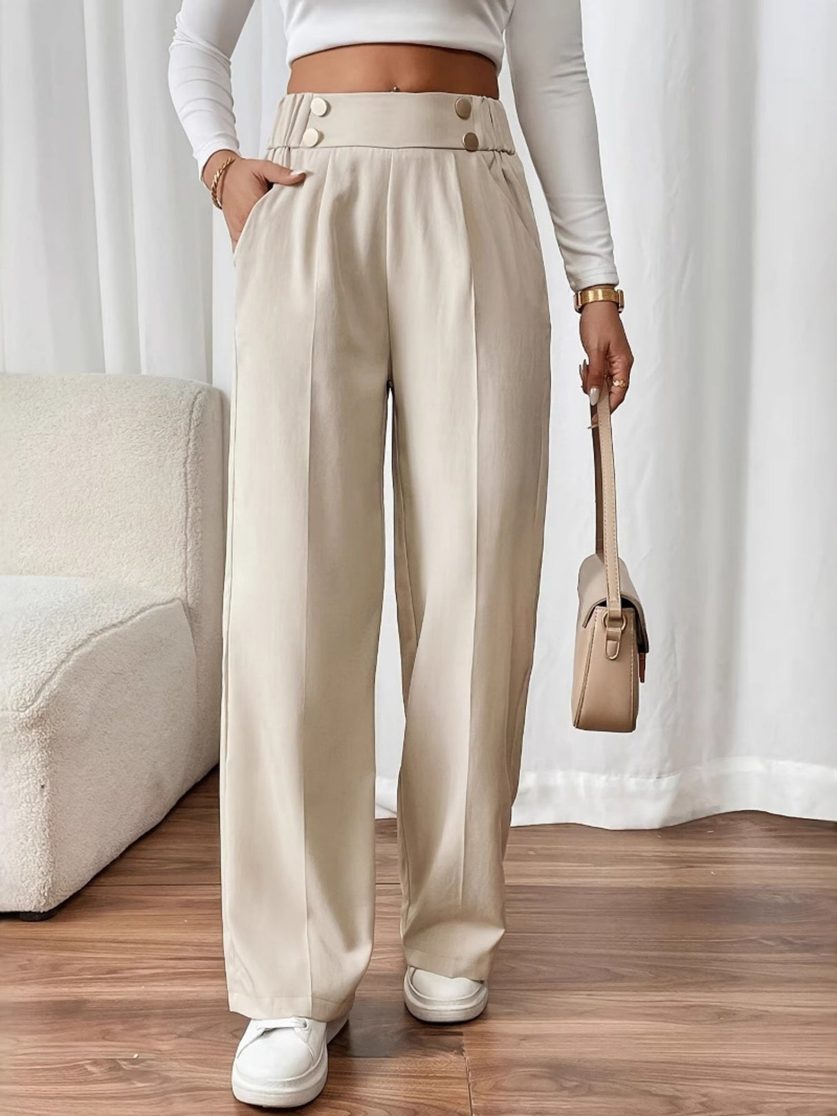Pleated Button Draped Casual Pants High Waist Trousers Loose Straight Trousers