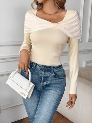 Women's Splicing Apricot Bow T-shirt