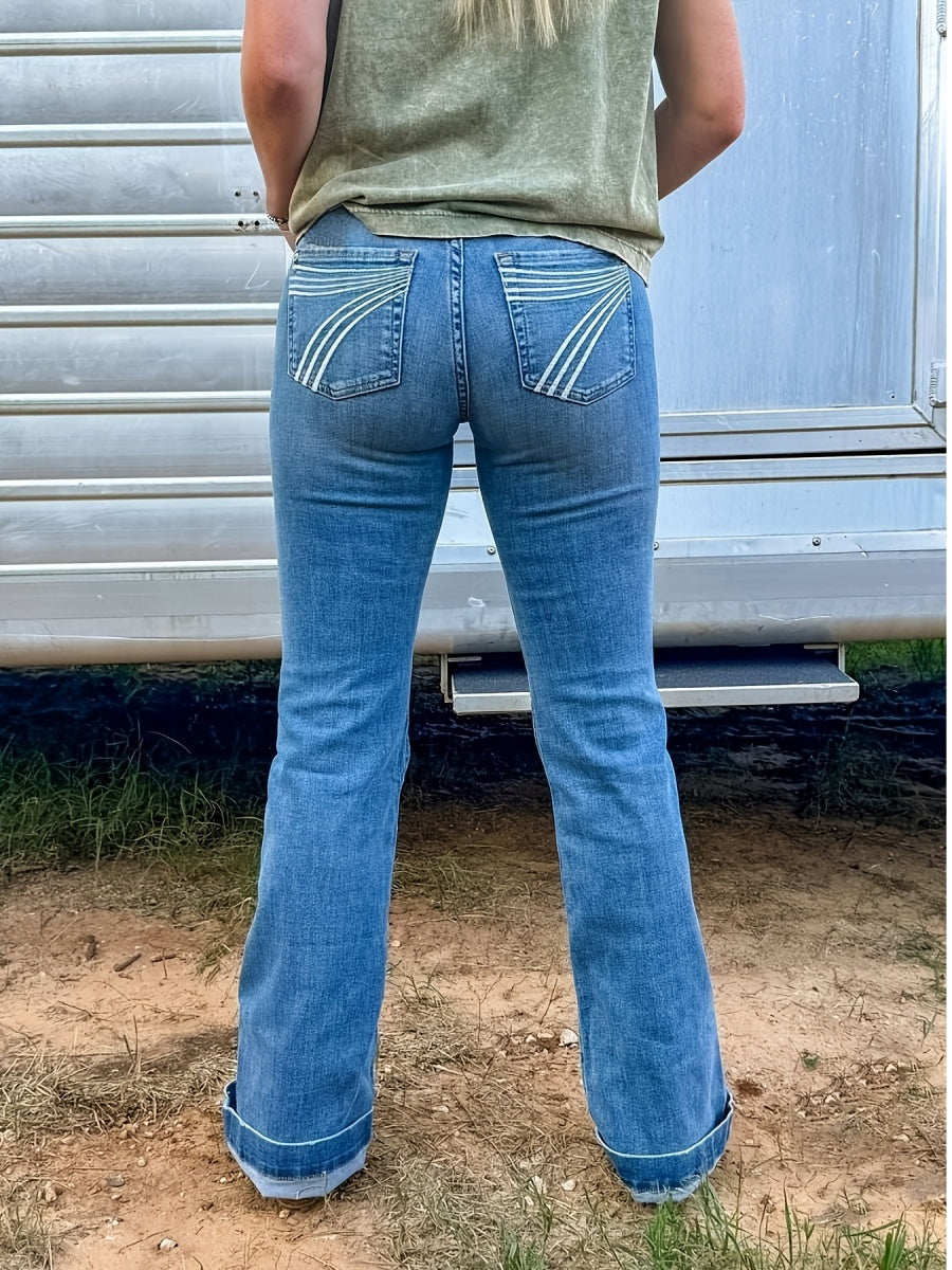 Bestickte, wassergewaschene Stretch-Mikrohorn-Jeans