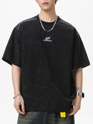 Reflective Strips Letter Applique Loose-fit Distressed T-shirts