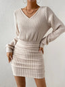 Long-sleeved Brushed Ribbed V-neck Waist Hip-hugging Leisure Short Dress For Work