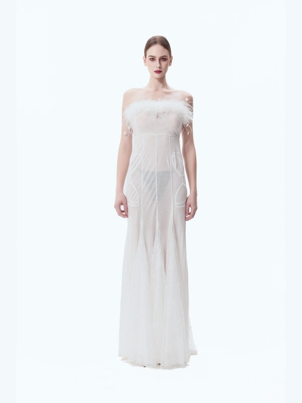 Ostrich Feather Strapless High-waisted Fishtail Bodycon Skirt