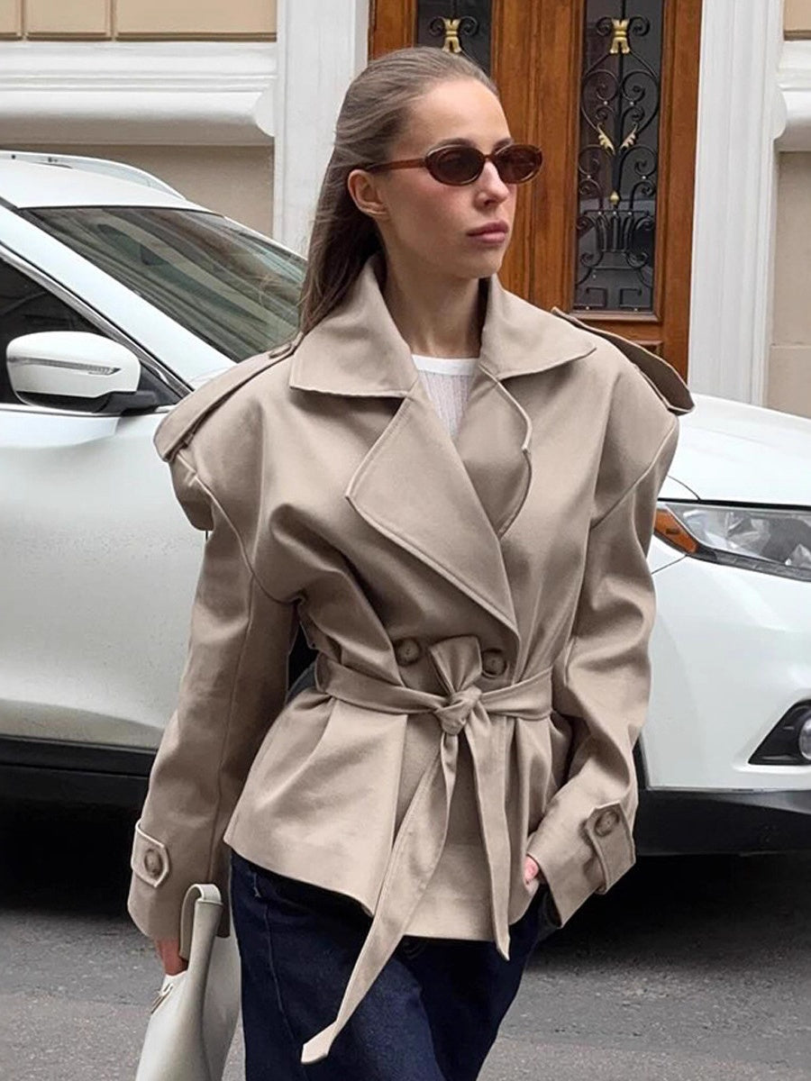 Khaki Long-sleeved Lapel Belted Trench Coat