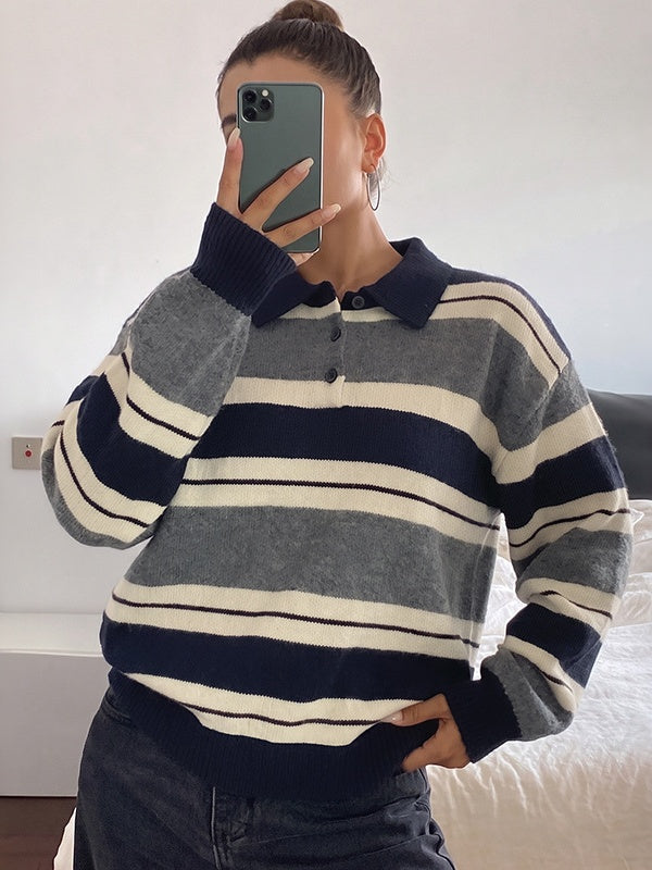 Casual Preppy Style Loose Striped Color-blocked Collar Half-open Knit Sweater