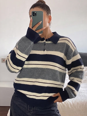 Casual Preppy Style Loose Striped Color-blocked Collar Half-open Knit Sweater