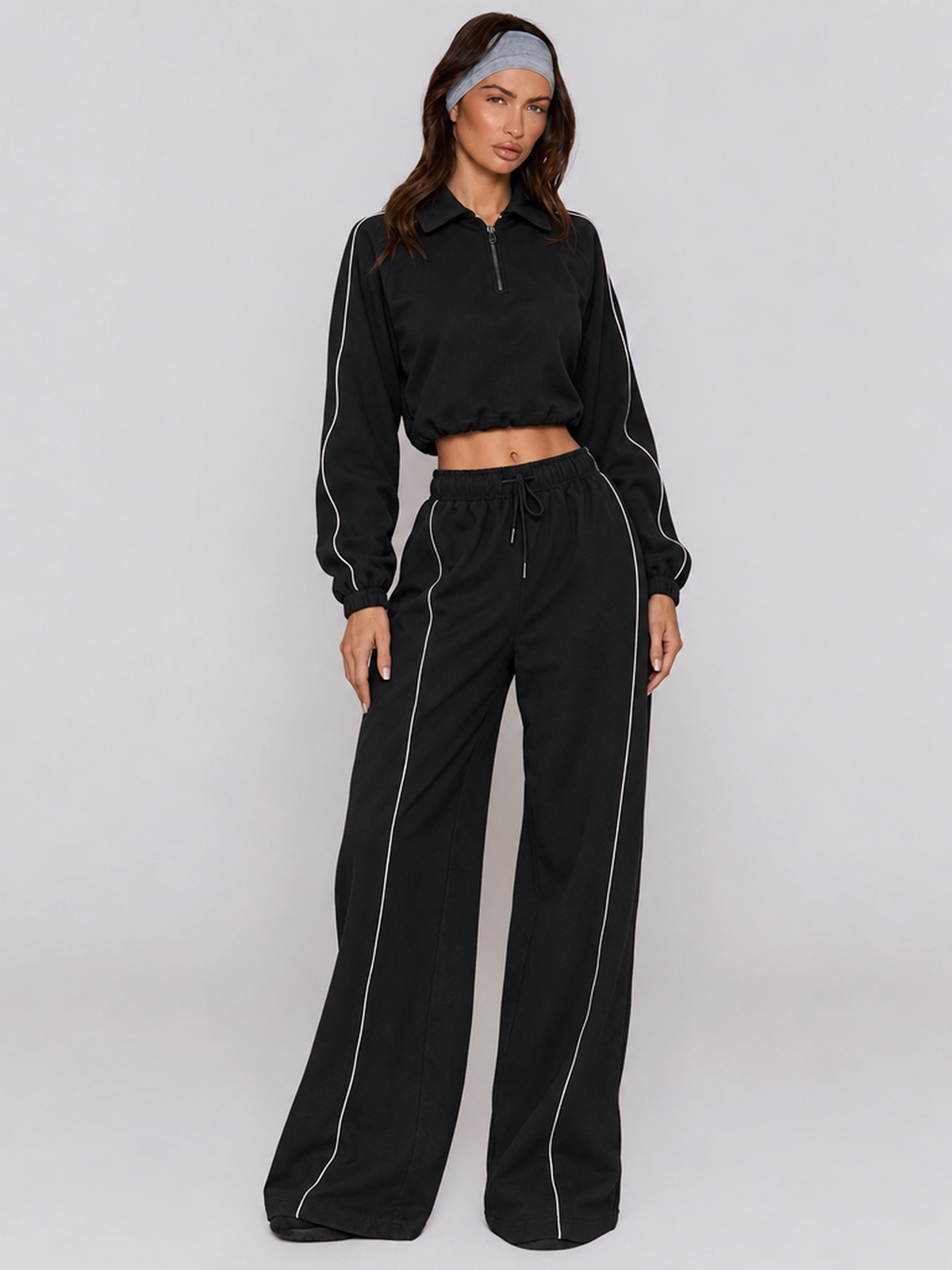 American Retro Color-blocked Striped Tracksuit For Women Two-piece Set: Collared Half-zip Sweatshirt And High-waisted Wide-leg Sweatpants