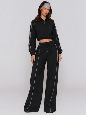 American Retro Color-blocked Striped Tracksuit For Women Two-piece Set: Collared Half-zip Sweatshirt And High-waisted Wide-leg Sweatpants