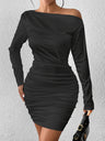 Long-sleeved, Ruched, Off-shoulder, Fitted, Bodycon Short Dress