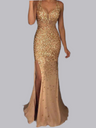 Robe de soirée maxi fendue à col en V et paillettes dorées 
