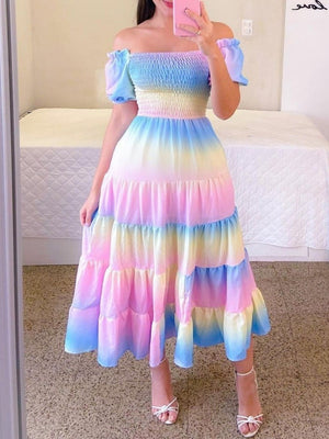 Gradient Print Bust-high Panel Off-the-shoulder Long Dress