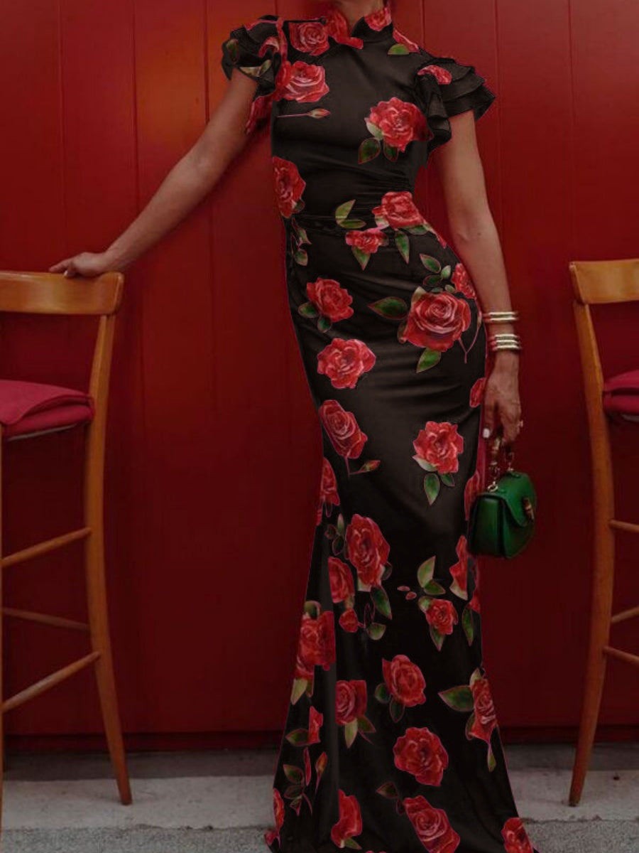 Improved Cheongsam Buttons Printed Formal Dress Maxi Dresses