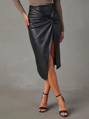 PU Leather Twisted Folds Bodysuit With Slits Skirts