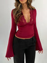 Sexy And Hot Long-sleeved Fitted V-neck Top With Lace Trim