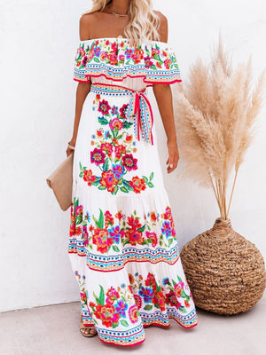Off-the-shoulder Red Floral Print Maxi Dress