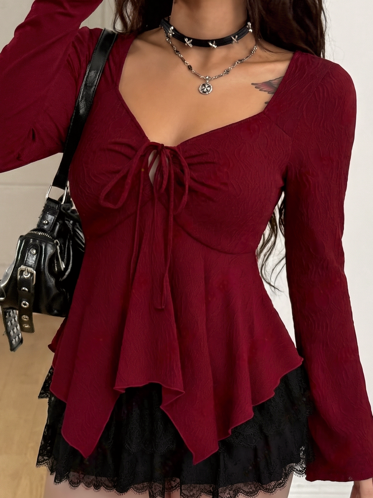 Bow Tie Long-sleeved T-shirt With Irregular Hem