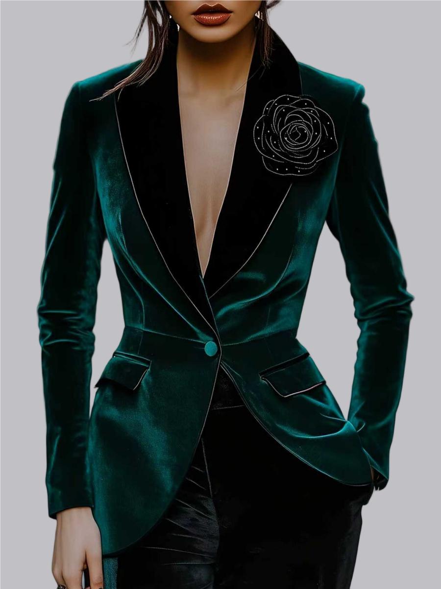 Velvet 3D Flower Brooch Thickened Long Sleeve Single Buckle Grace Profession Blazers