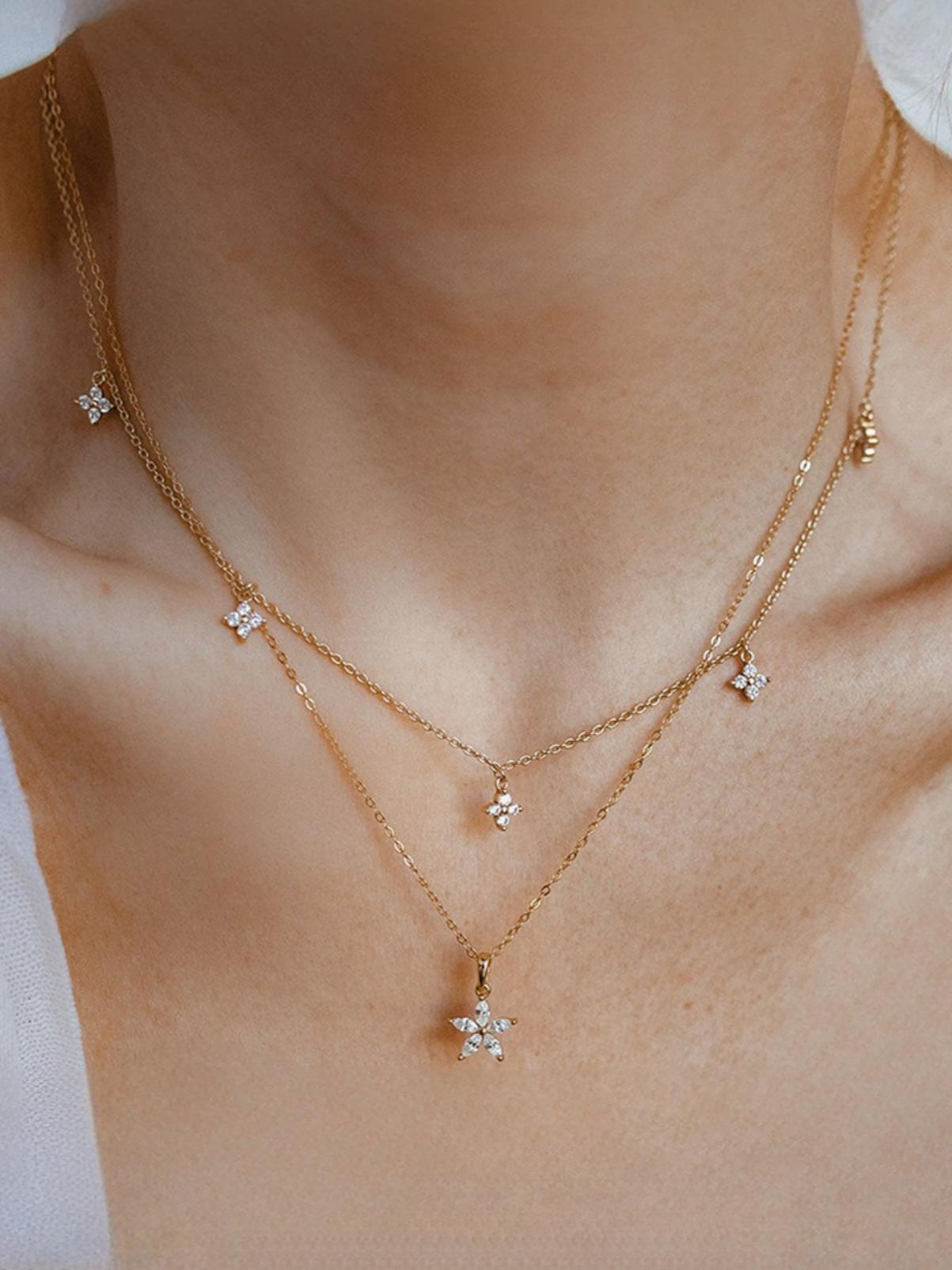 Five-pointed Star Diamond-encrusted Multi-layered Flower Necklace