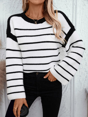 Crew Neck Loose Black And White Stripes Hood Long Sleeve Knitted Sweater