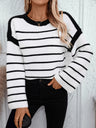 Crew Neck Loose Black And White Stripes Hood Long Sleeve Knitted Sweater