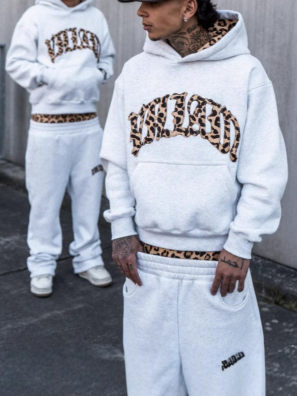 INS Leopard Print Letters Embroidery Hoodies Set