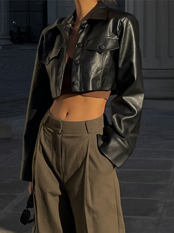 Street-style Sexy Biker Jacket With Lapel And Button-down Leather Short Jacket