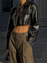 Street-style Sexy Biker Jacket With Lapel And Button-down Leather Short Jacket