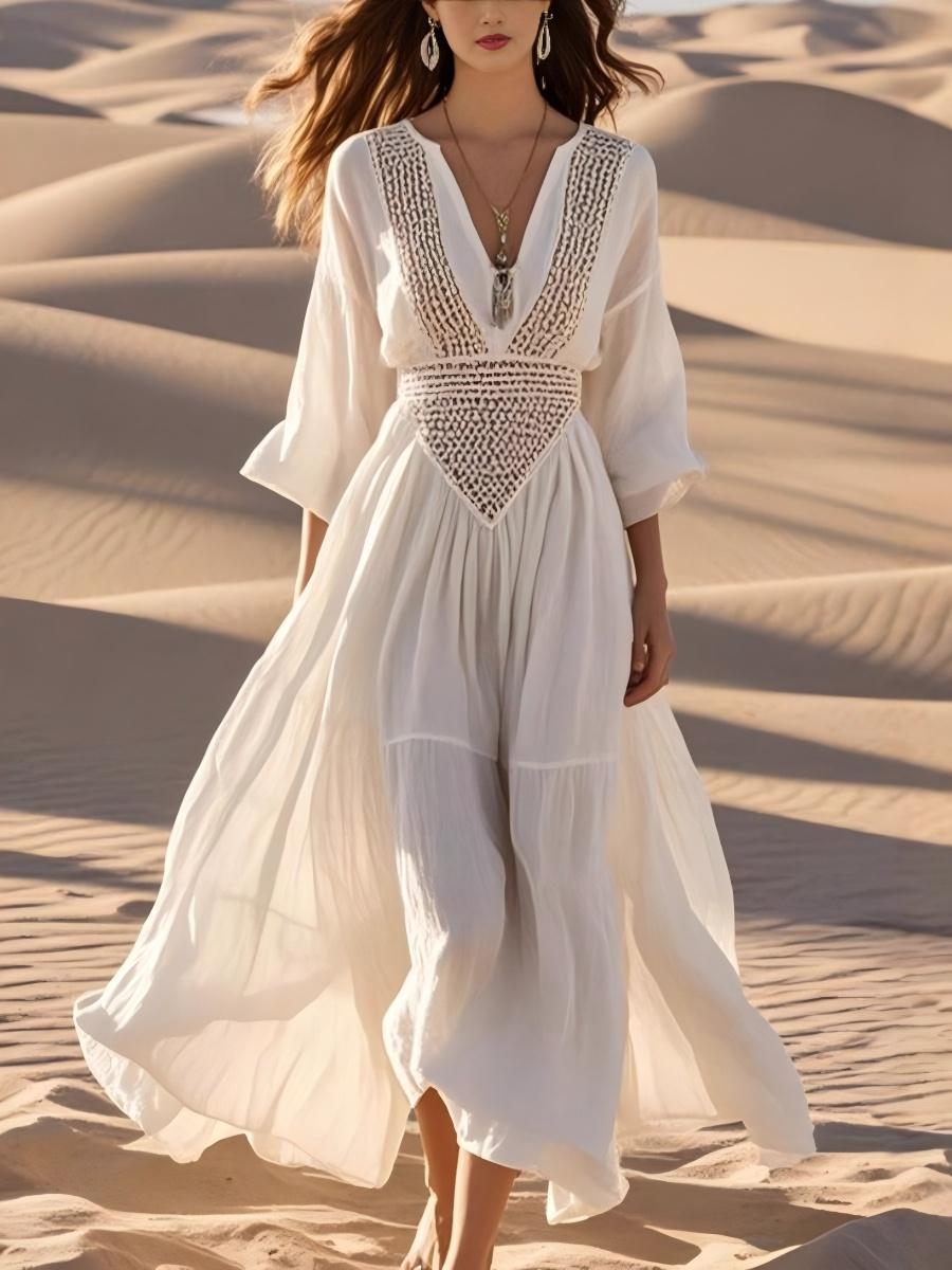 Cotton And Linen White Long Sleeve V-neck Lace Stitching Maxi Dresses