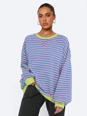 Women's Autumn/Winter Striped Color-Blocked Oversized Long-Sleeved Sweatshirt