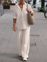 Collared Long-sleeved Shirt And Casual Solid Color Wide-leg Pants Two-piece Set For Spring And Autumn
