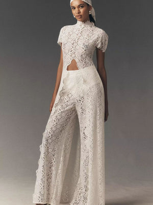 Lace Stand Collar Slit Shirts Wide-leg Pants Set 2-piece Sets