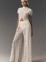 Lace Stand Collar Slit Shirts Wide-leg Pants Set 2-piece Sets