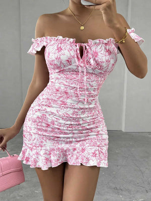 Floral Print Ruffle Off-shoulder Waist Shaping Mini&Short Dresses