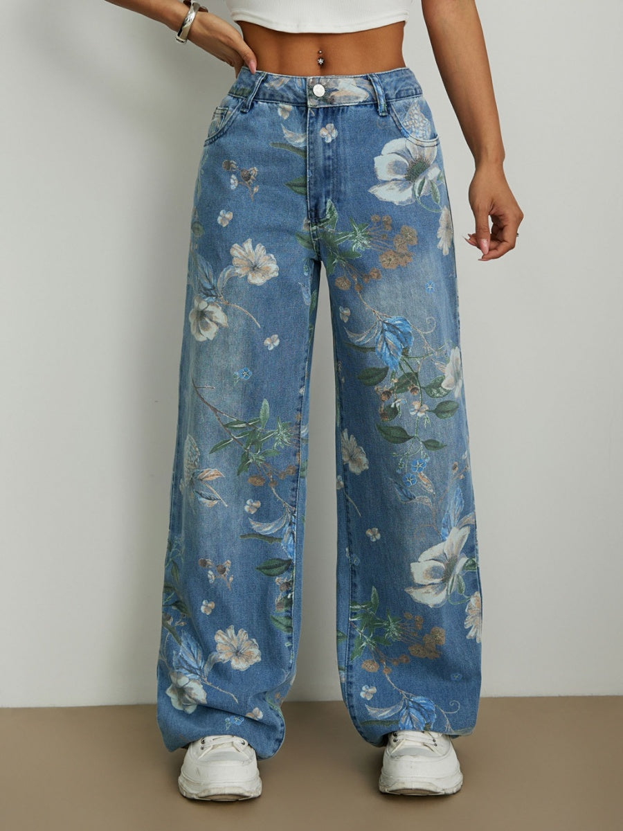 Loose Straight Wide Leg Floral Printed Jeans